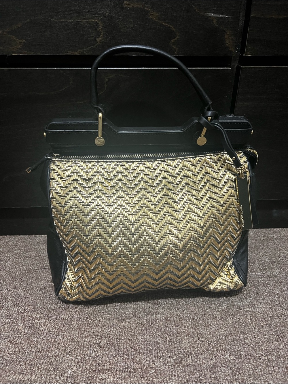 Vince Camuto Black and Gold Chevron Mini Tote